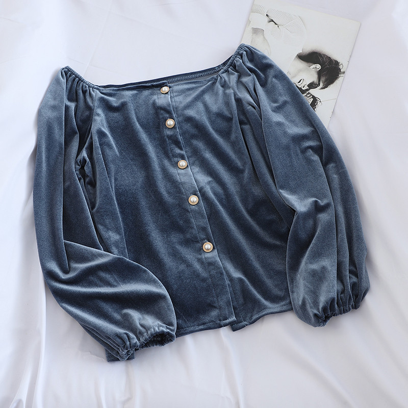 Bluză de damă elegantă din catifea cu mâneci căzute și nasturi în mai multe culori