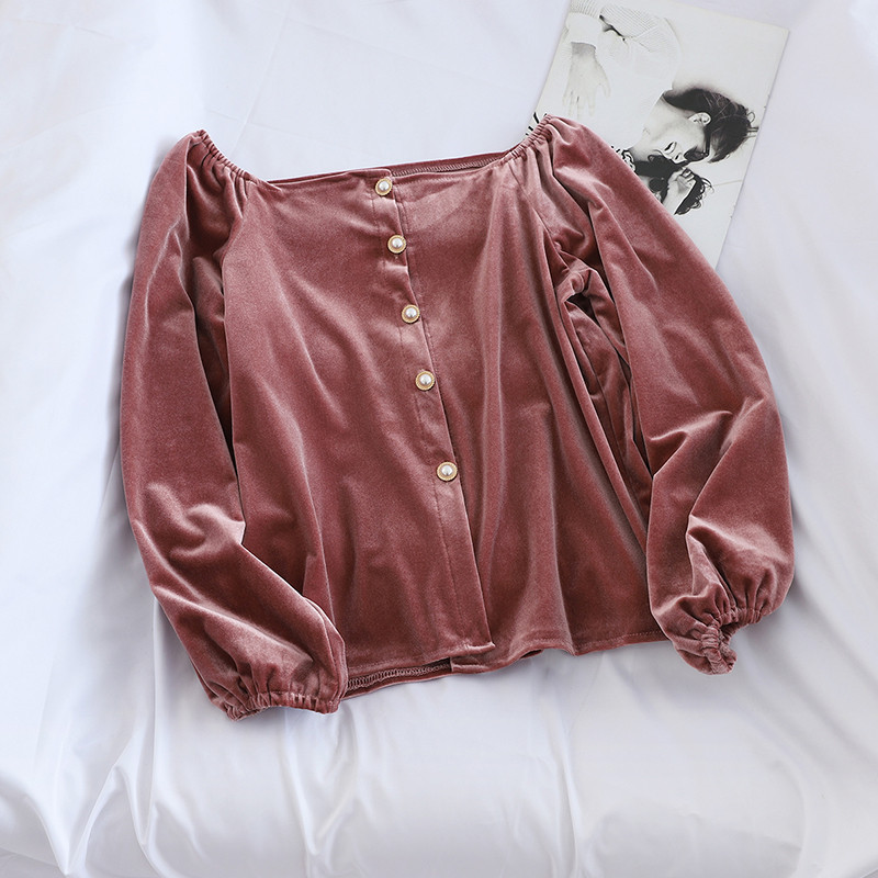 Bluză de damă elegantă din catifea cu mâneci căzute și nasturi în mai multe culori