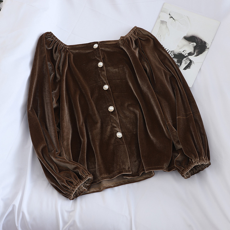 Bluză de damă elegantă din catifea cu mâneci căzute și nasturi în mai multe culori