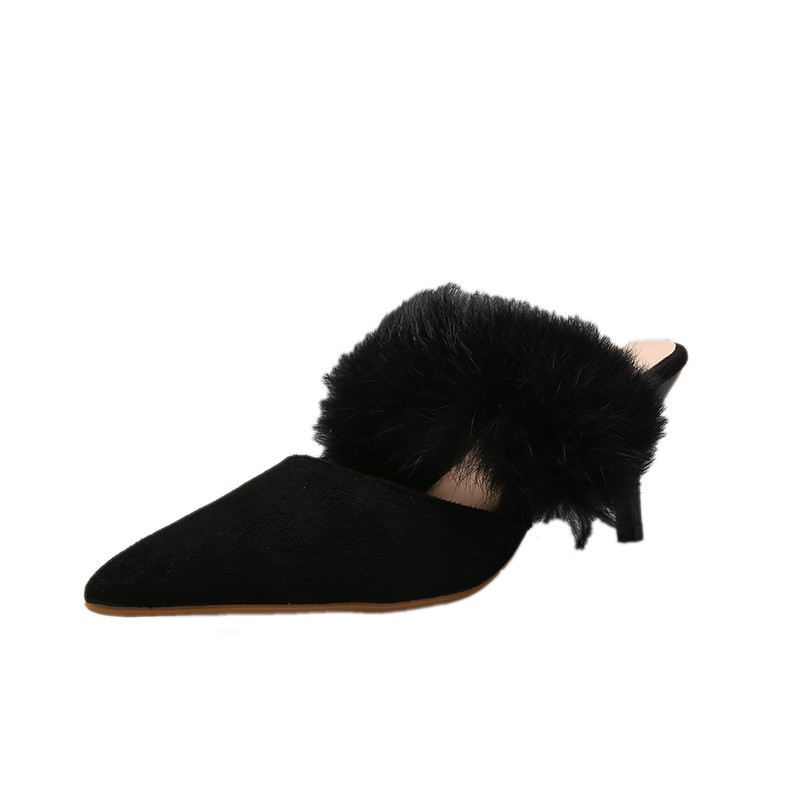 Model ascutit de pantofi de dama cu toc subtire cu puf