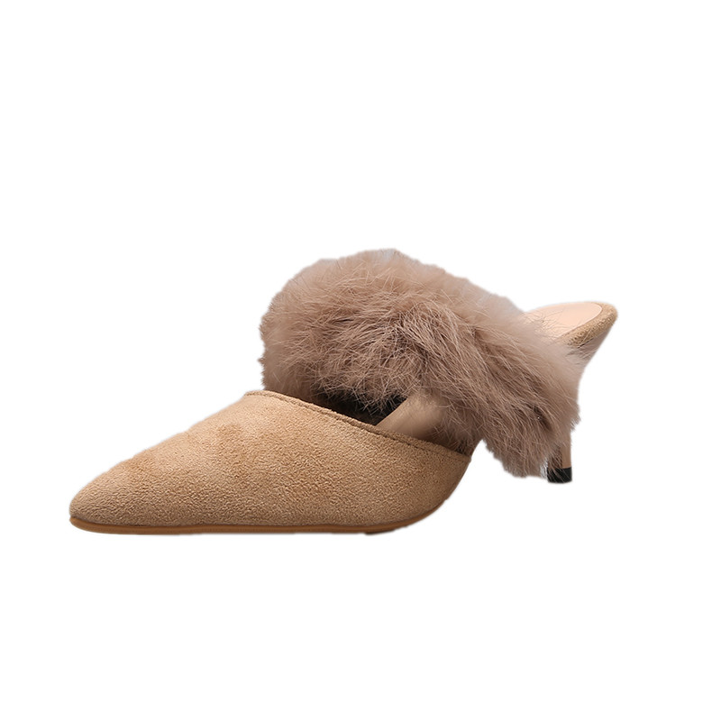 Model ascutit de pantofi de dama cu toc subtire cu puf