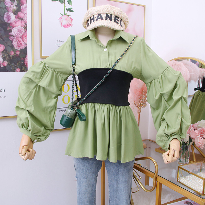 Modern női ing klasszikus gallérral, fehér, zöld és sárga színben