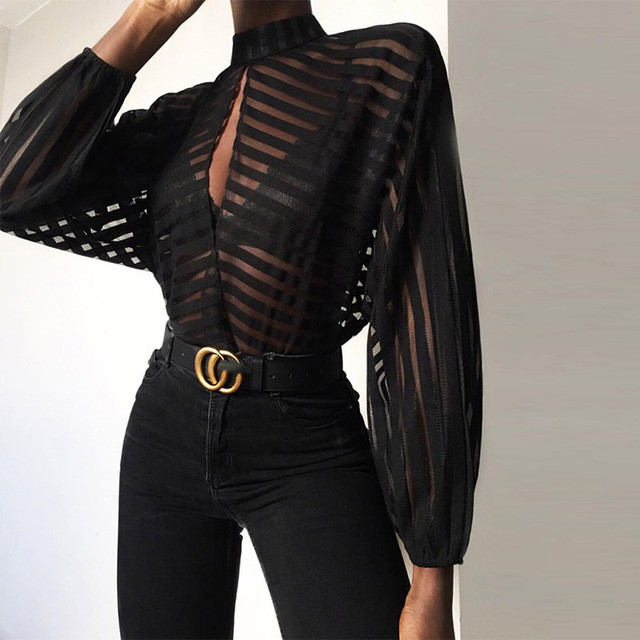 Κομψό γυναικείο πουκάμισο με ψηλό κολάρο και μακρύ μανίκι σε μαύρο χρώμα