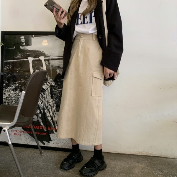 Fusta lunga casual de dama in doua culori cu buzunare