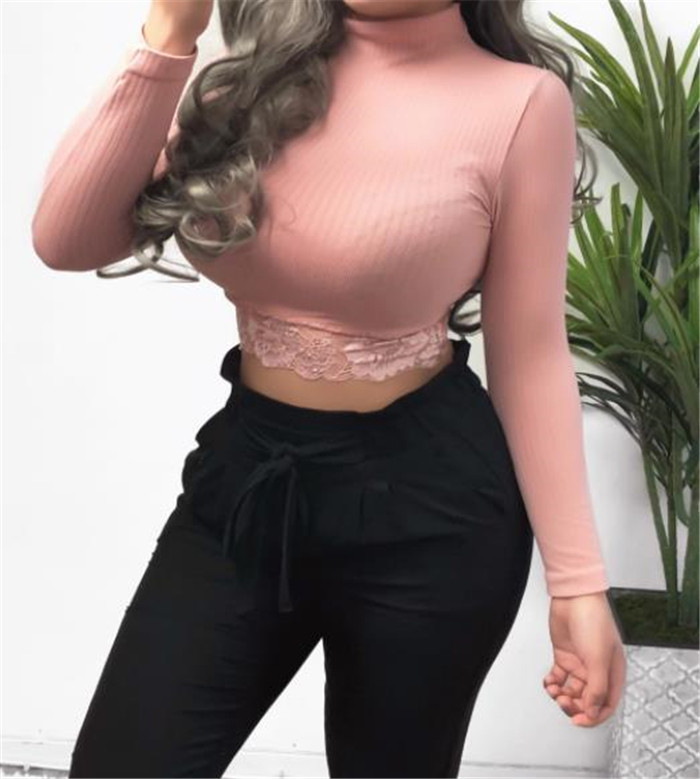 Κομψή κοντή γυναικεία μπλούζα με δαντέλα και ψηλό γιακά σε διάφορα χρώματα