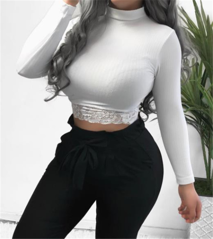 Κομψή κοντή γυναικεία μπλούζα με δαντέλα και ψηλό γιακά σε διάφορα χρώματα