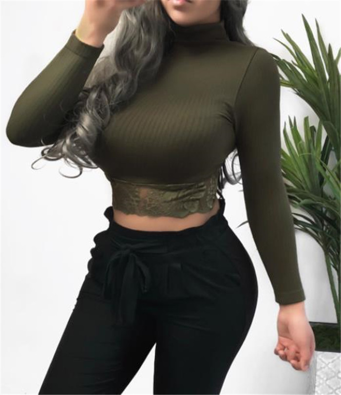 Κομψή κοντή γυναικεία μπλούζα με δαντέλα και ψηλό γιακά σε διάφορα χρώματα