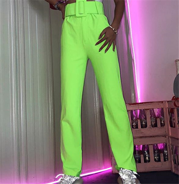 Модерен дамски панталон с висока талия и колан в зелен цвят