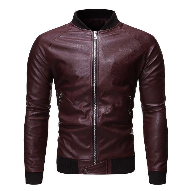 Geacă casual bărbătească din piele cu buzunar și guler înalt în trei culori