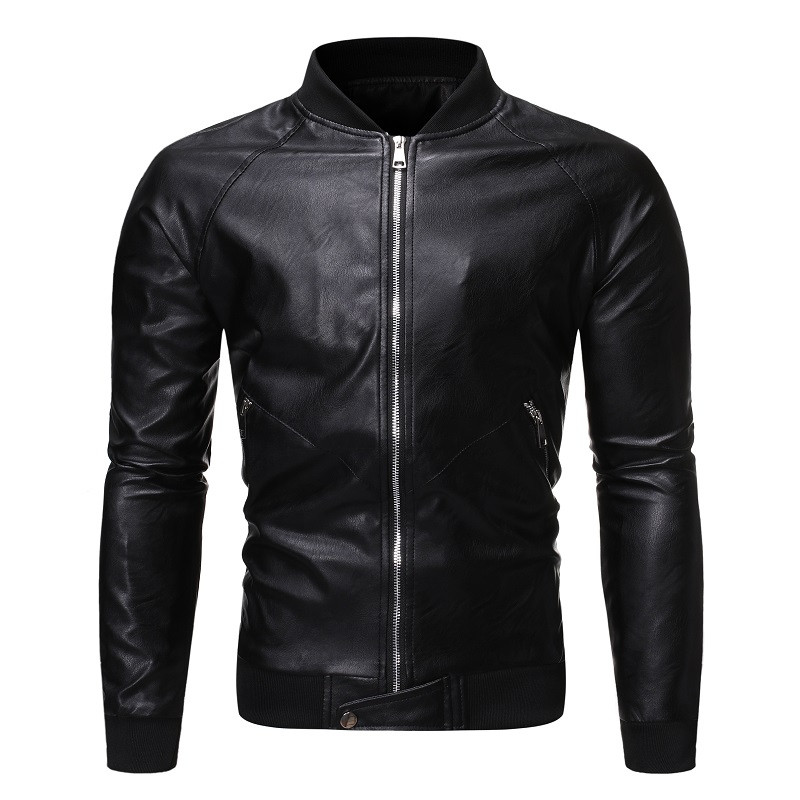 Geacă casual bărbătească din piele cu buzunar și guler înalt în trei culori