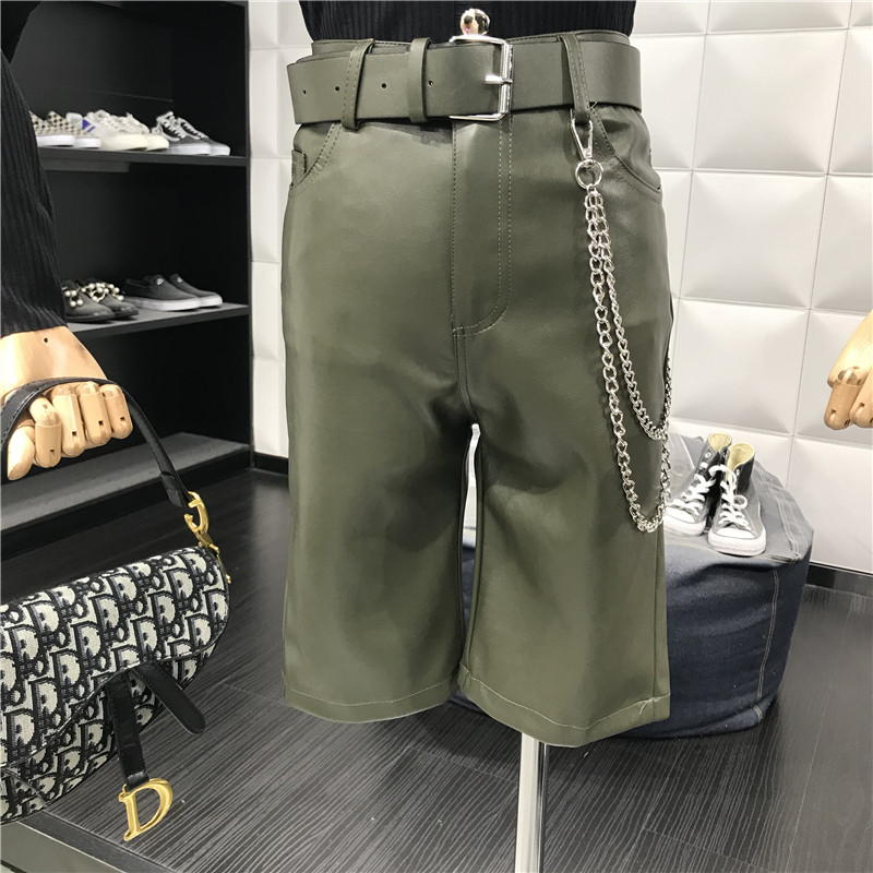 Модерни къси кожени панталони с висока талия в зелен и черен цвят