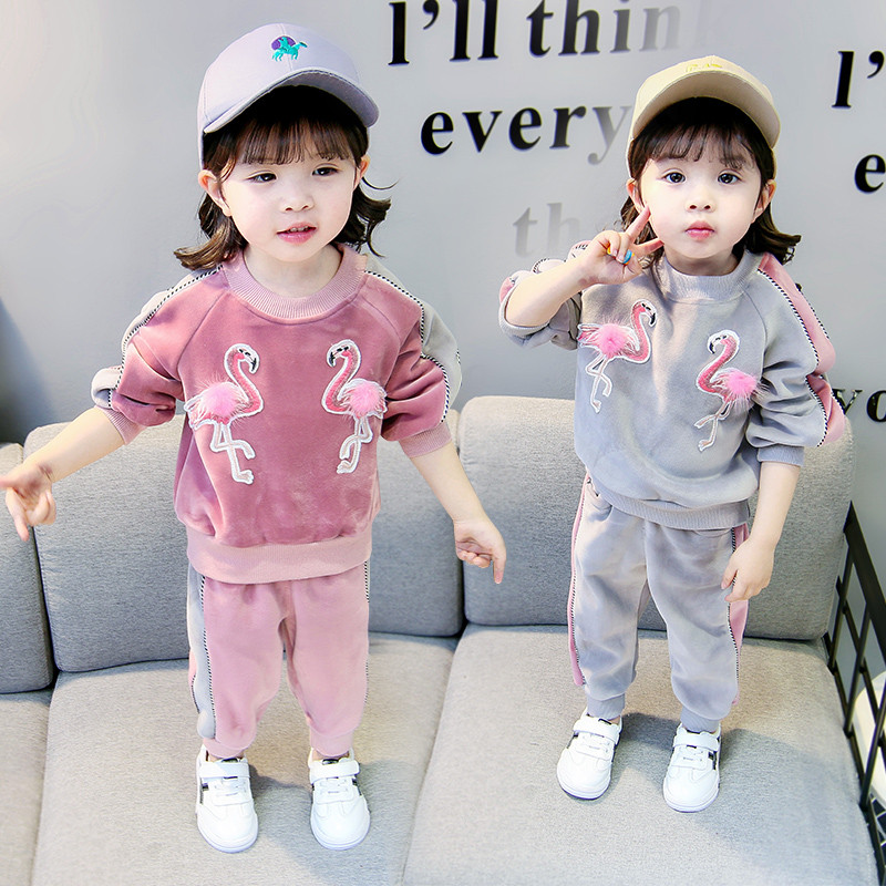 Детски комплект в сив и розов цвят с бродерия за момичета