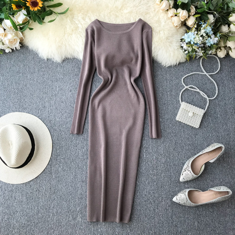 Μοντέρνο γυναικείο φόρεμα μακρυμάνικο με ωοειδές λαιμόκοψη σε διάφορα χρώματα