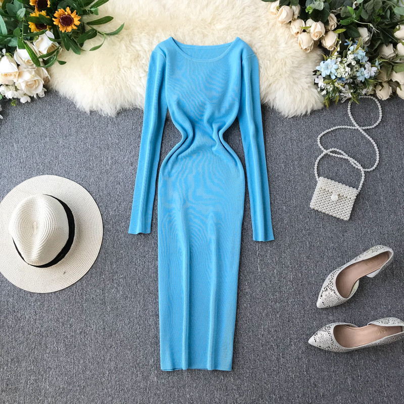 Μοντέρνο γυναικείο φόρεμα μακρυμάνικο με ωοειδές λαιμόκοψη σε διάφορα χρώματα