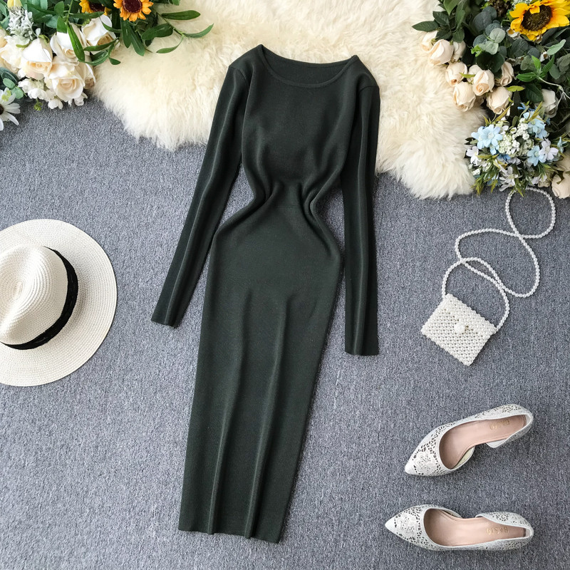 Μοντέρνο γυναικείο φόρεμα μακρυμάνικο με ωοειδές λαιμόκοψη σε διάφορα χρώματα