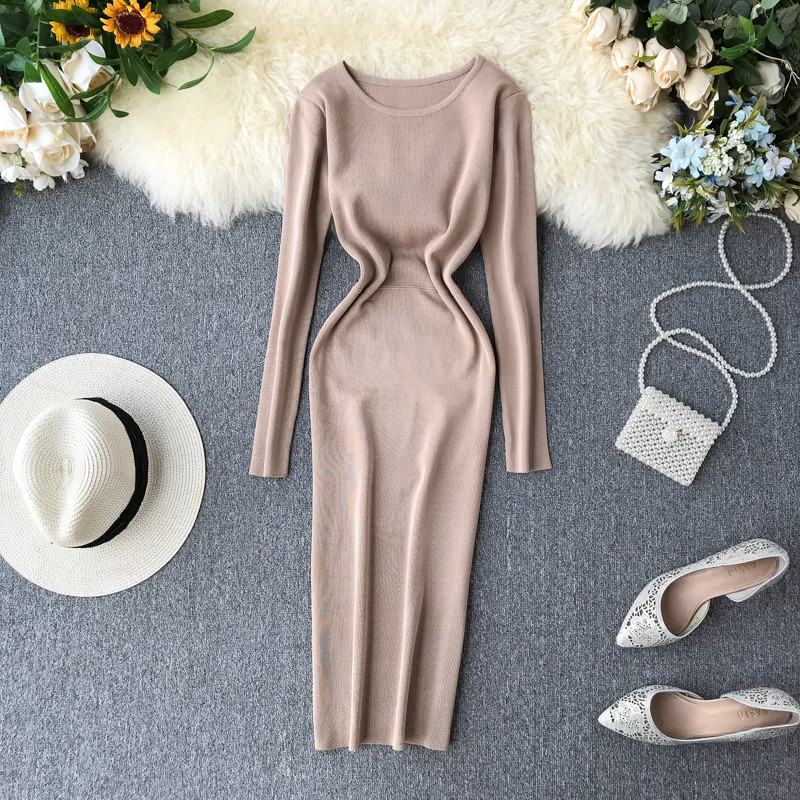 Μοντέρνο γυναικείο φόρεμα μακρυμάνικο με ωοειδές λαιμόκοψη σε διάφορα χρώματα