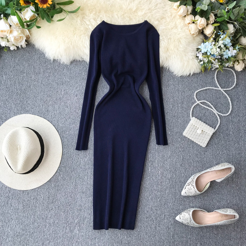 Μοντέρνο γυναικείο φόρεμα μακρυμάνικο με ωοειδές λαιμόκοψη σε διάφορα χρώματα