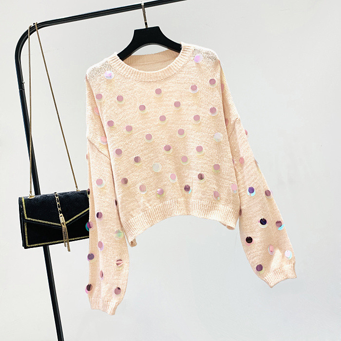 Κομψό γυναικείο πουλόβερ με λαιμό O σε λευκό και ροζ χρώμα