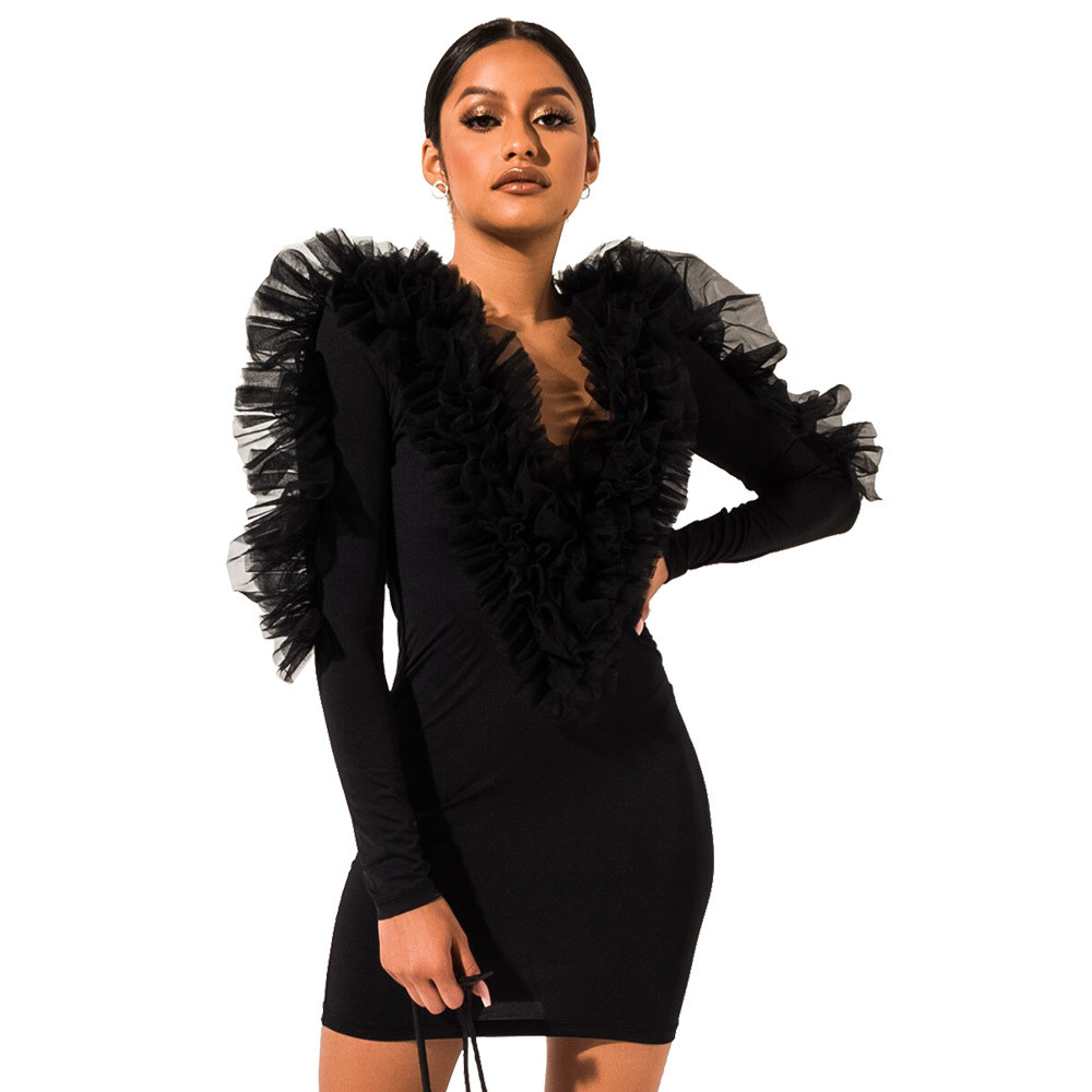 Rochie de dama model nou cu decolteu spitz si maneci lungi in negru si verde