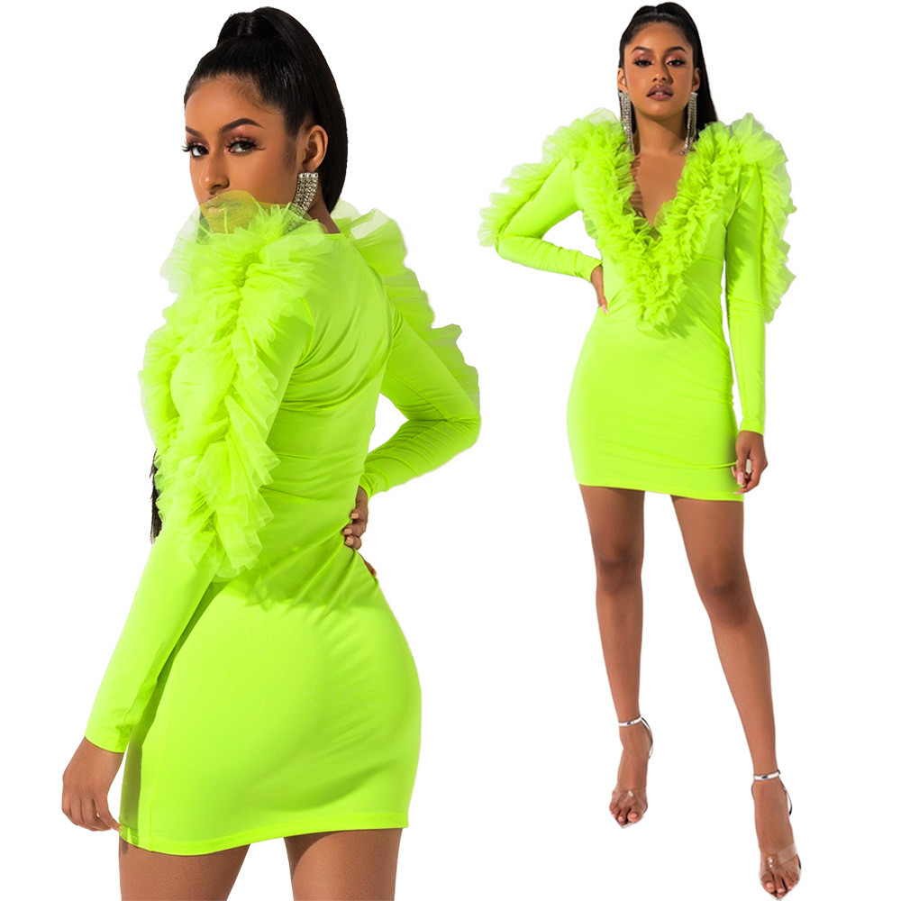 Rochie de dama model nou cu decolteu spitz si maneci lungi in negru si verde