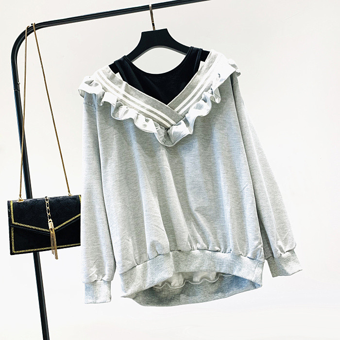 Modern női blúz spitz nyakkivágással, szürke, fekete és rózsaszín színben