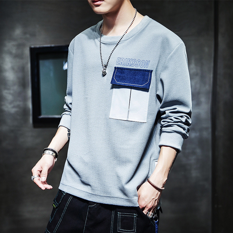 Bluză casual pentru bărbați în negru și gri, cu buzunar și inscripție