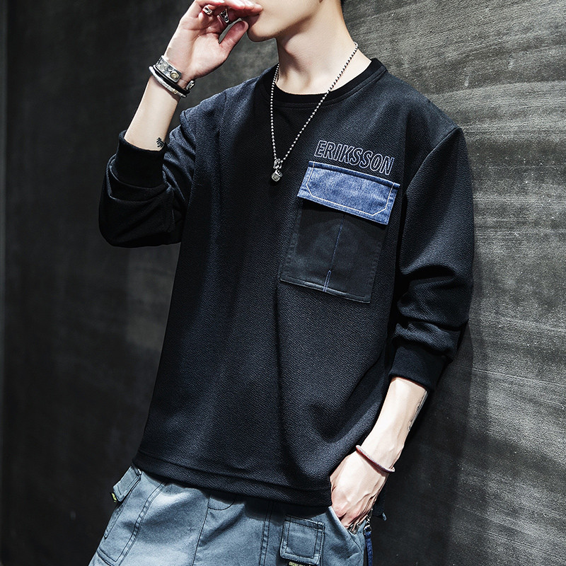 Bluză casual pentru bărbați în negru și gri, cu buzunar și inscripție