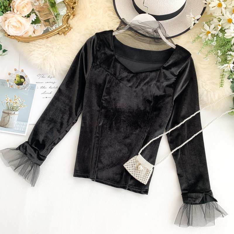 Bluza de dama moderna din catifea cu tul in mai multe culori