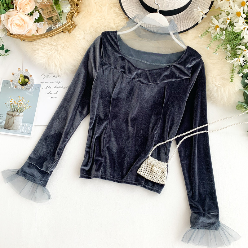 Bluza de dama moderna din catifea cu tul in mai multe culori