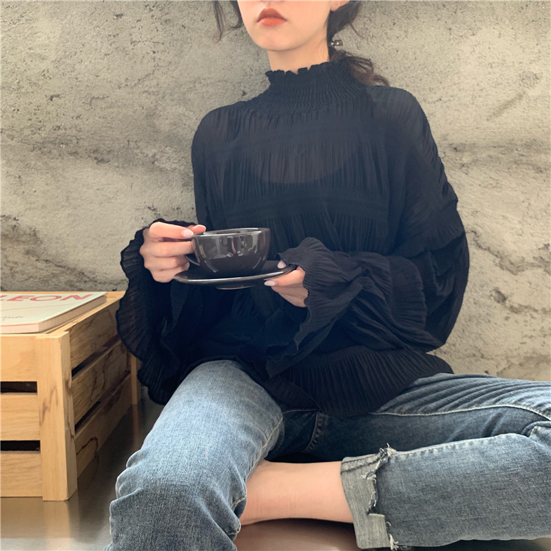 Női lezser hosszú blúz magas gallérral