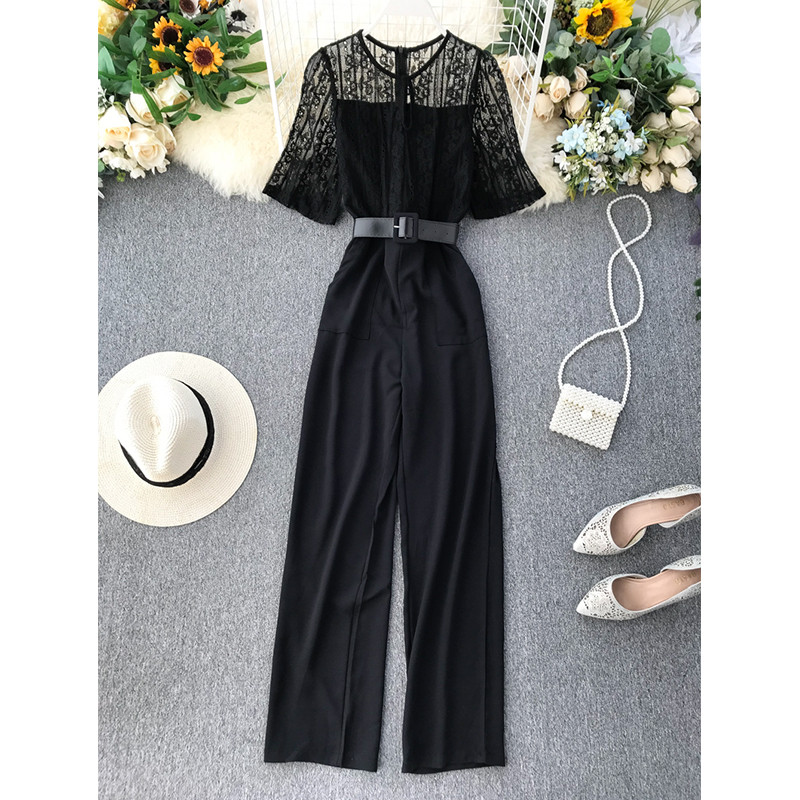 Stílusos női hosszú jumpsuit rövid ujjú és övvel, két színben