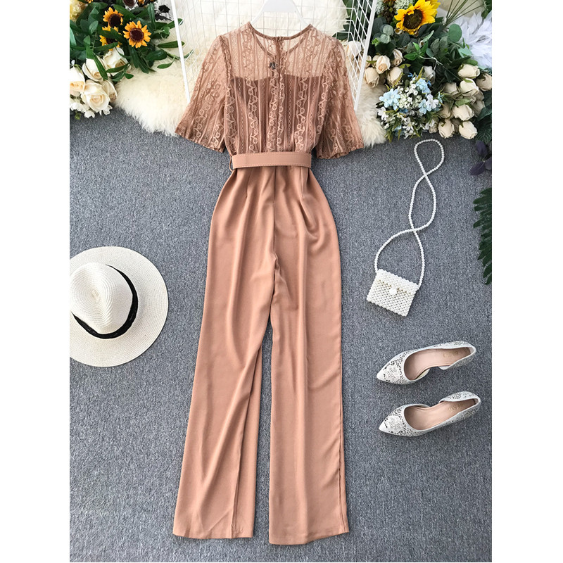 Stílusos női hosszú jumpsuit rövid ujjú és övvel, két színben