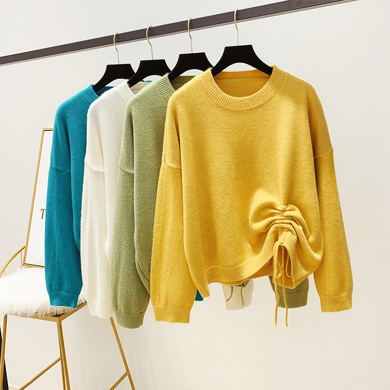 Дамски пуловер с обло деколте и връзки в четири цвята