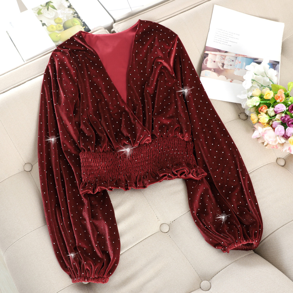 Bluză de damă modernă din catifea cu pietre în mai multe culori