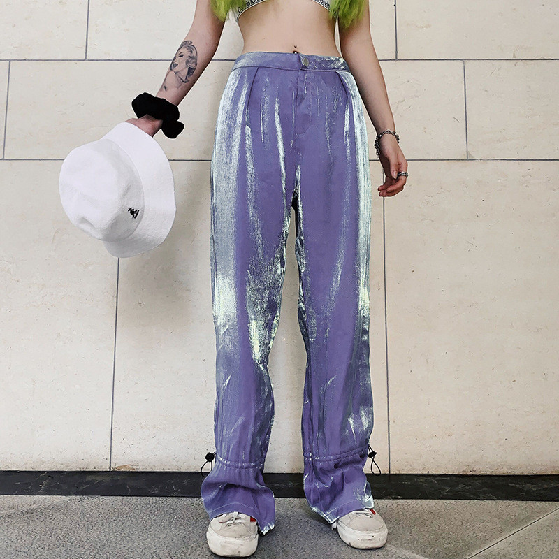 Модерен дамски дълъг широк панталон с джоб в лилав цвят