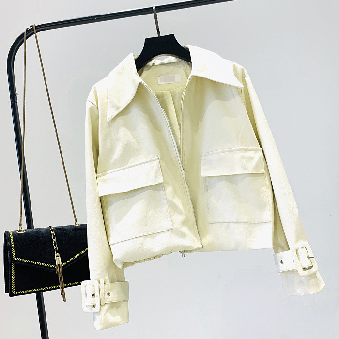 Νέο μοντέλο μοντέρνο γυναικείο μπουφάν δερματίνι με τσέπες σε διάφορα χρώματα