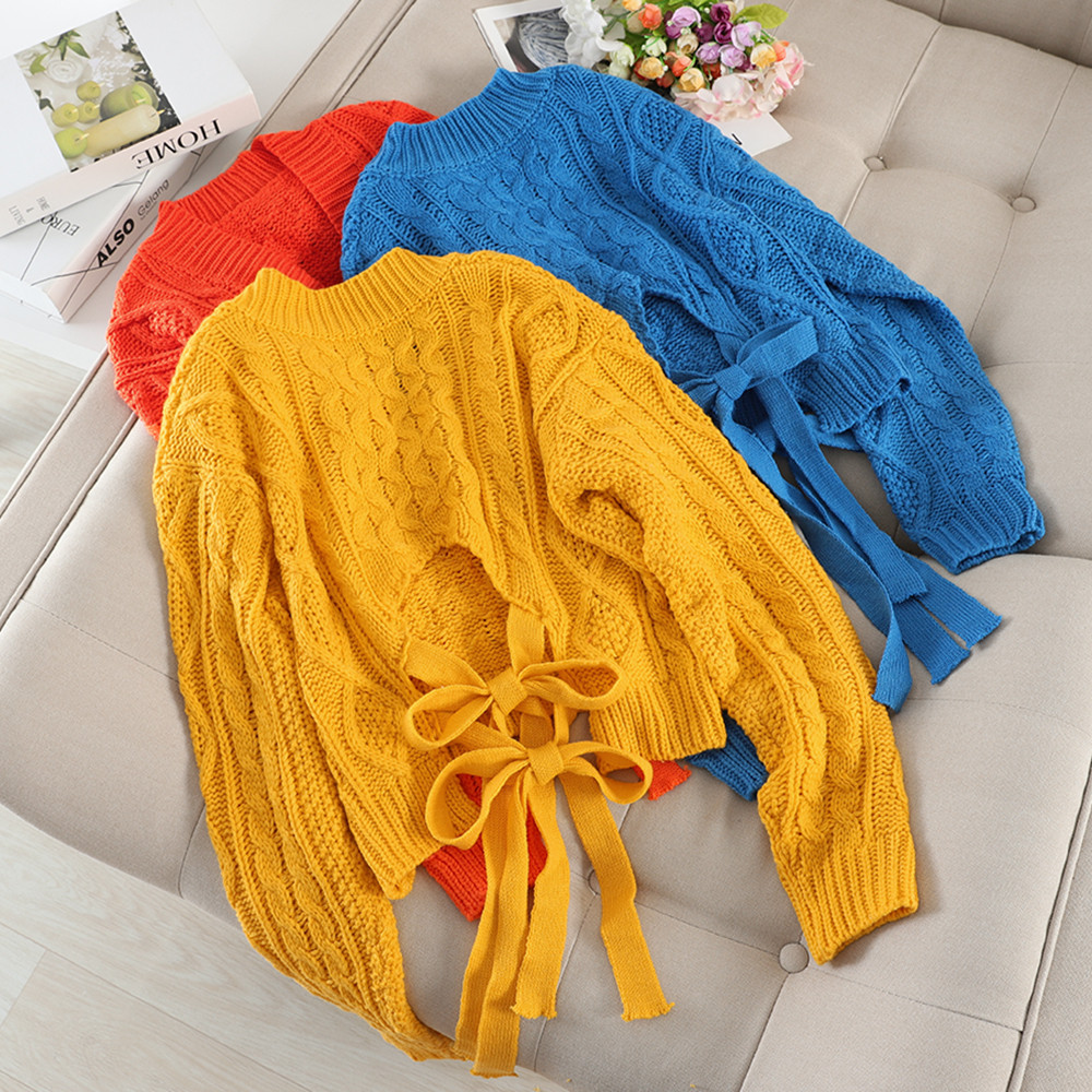 Дамски пуловер  с връзки на гърба в няколко цвята