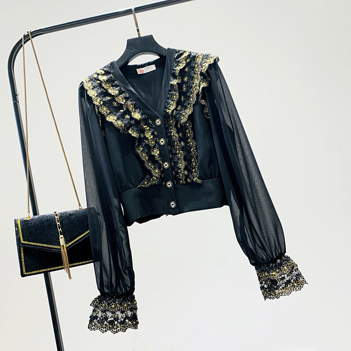 Aktuális női ing spitz nyakkivágással és csipkével - rövid fehér és fekete modell