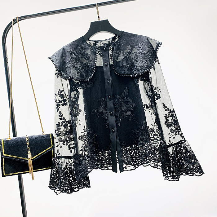 Modern női csipkeing lótusz ujjú fehér, fekete és bézs színben