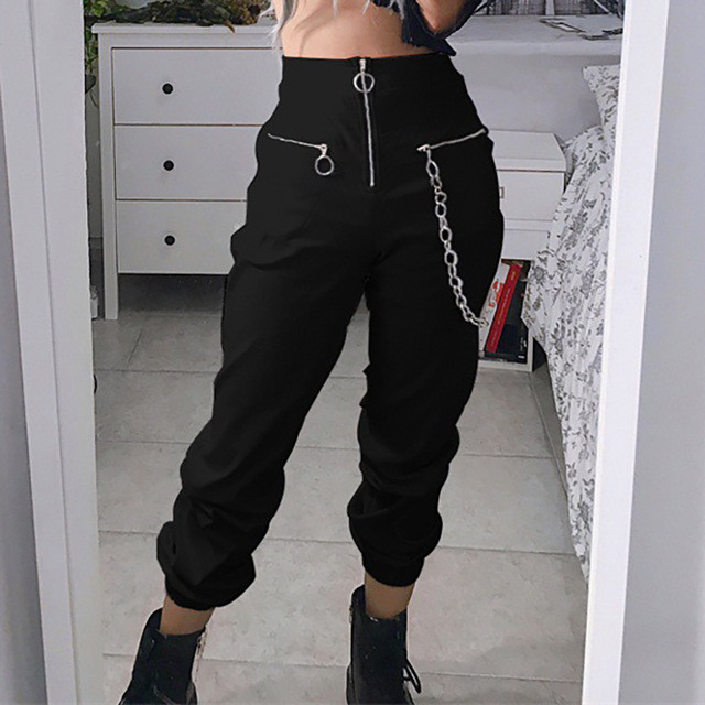 Модерен  дамски панталон с висока талия и цип в черен цвят 