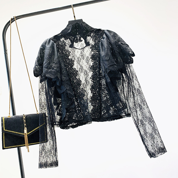 Új modell elegáns női csipke ing magas gallérral fehér és fekete színben