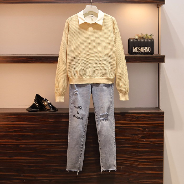 Нов модел дамски есенен комплект от три части - пуловер, риза и дънки с размери до 4XL
