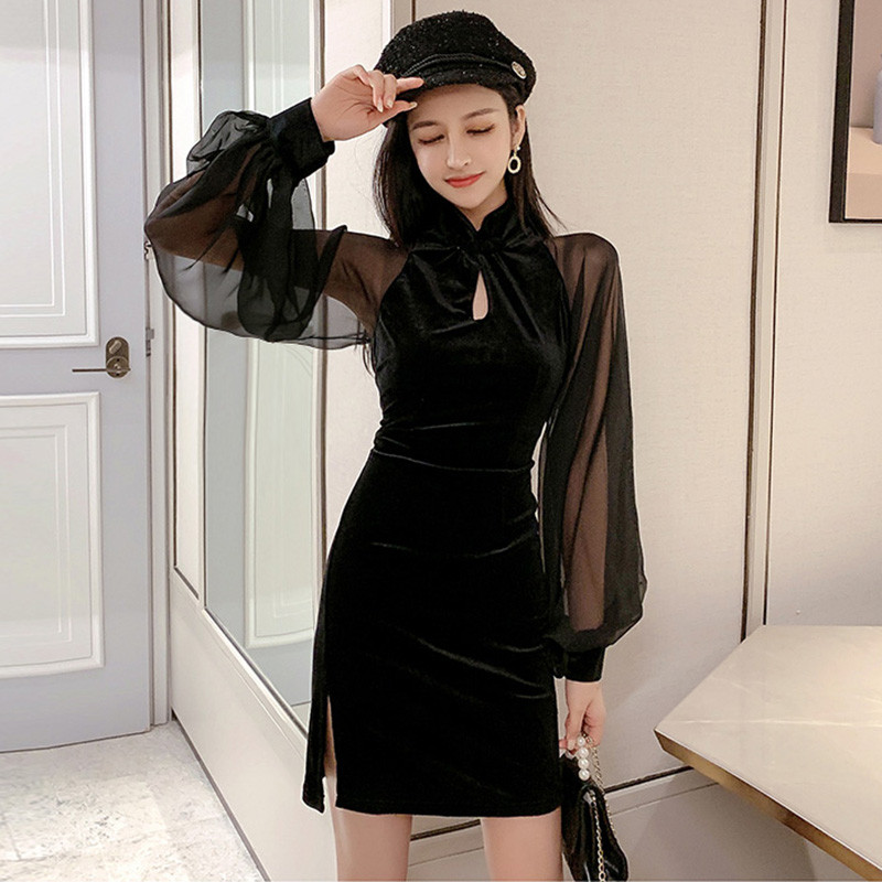 Модерна дамска рокля от кадифе с тюл - черен цвят