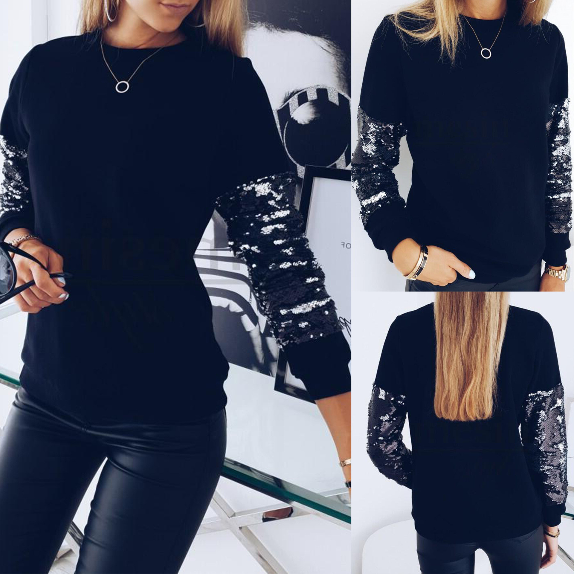 Модерен дамски пуловер с О-образно деколте и пайети в черен цвят