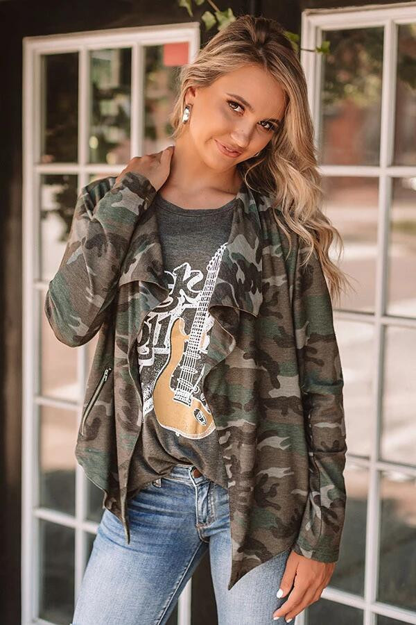 Női alkalmi őszi terepszínű kabát zöld zsebbel