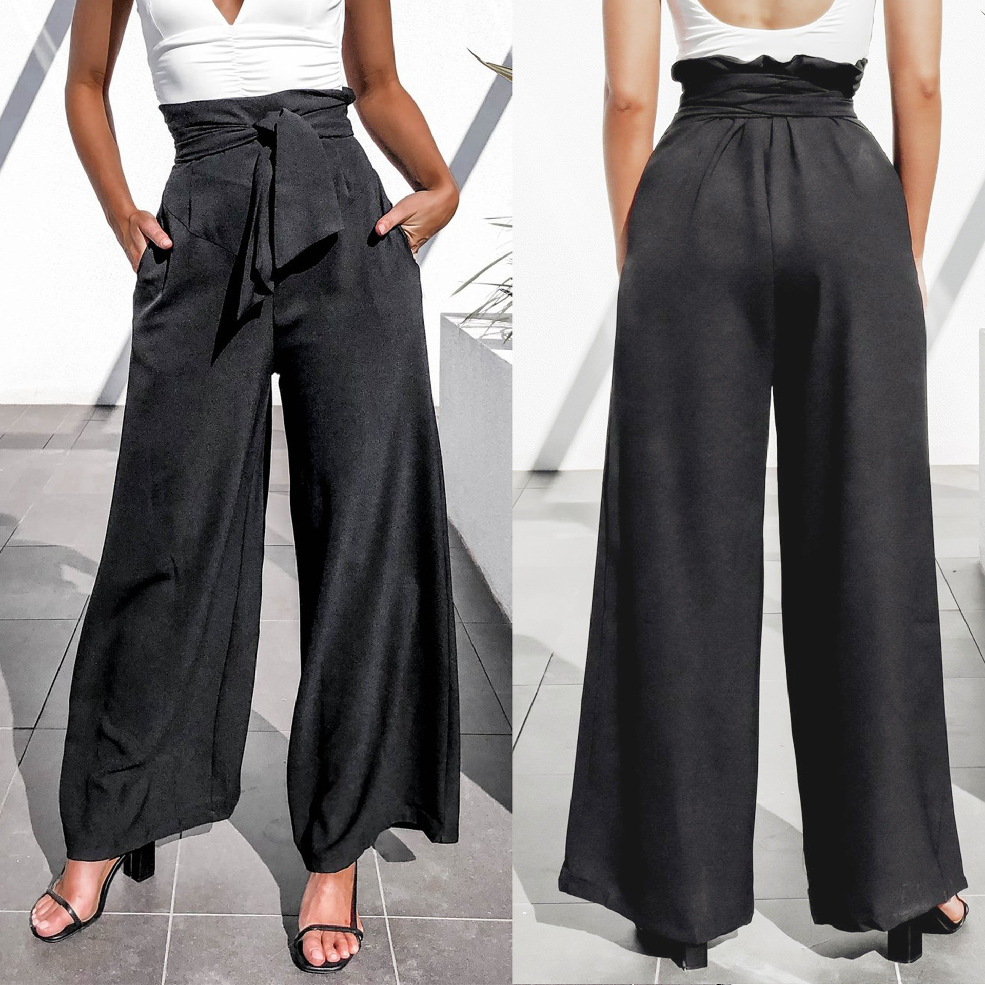 Модерен дамски панталон с висока талия и връзки в черен цвят 