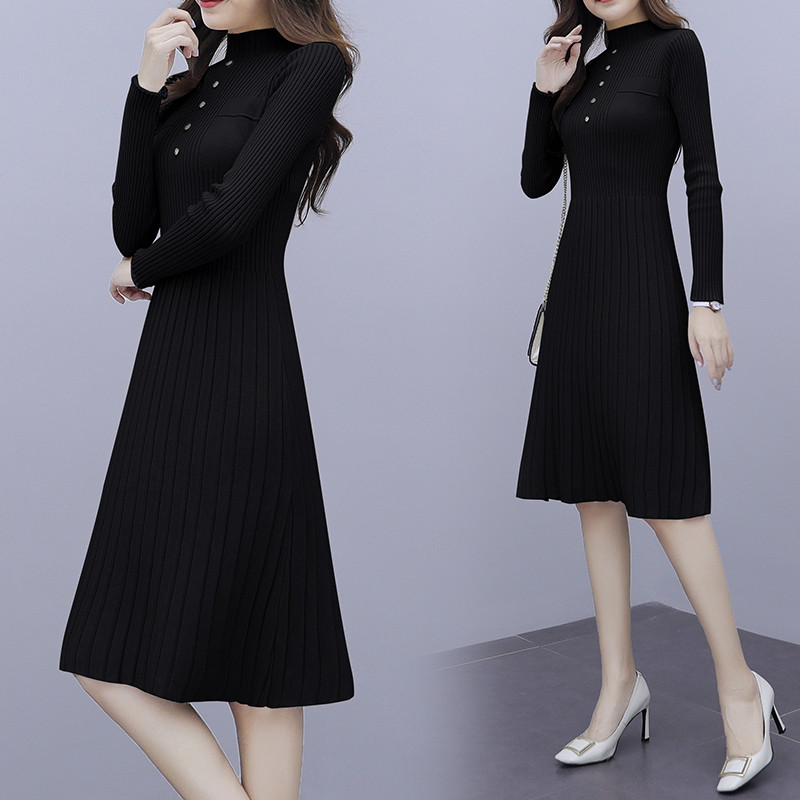 Зимна дамска рокля разкроен модел с дълъг ръкав в три цвята