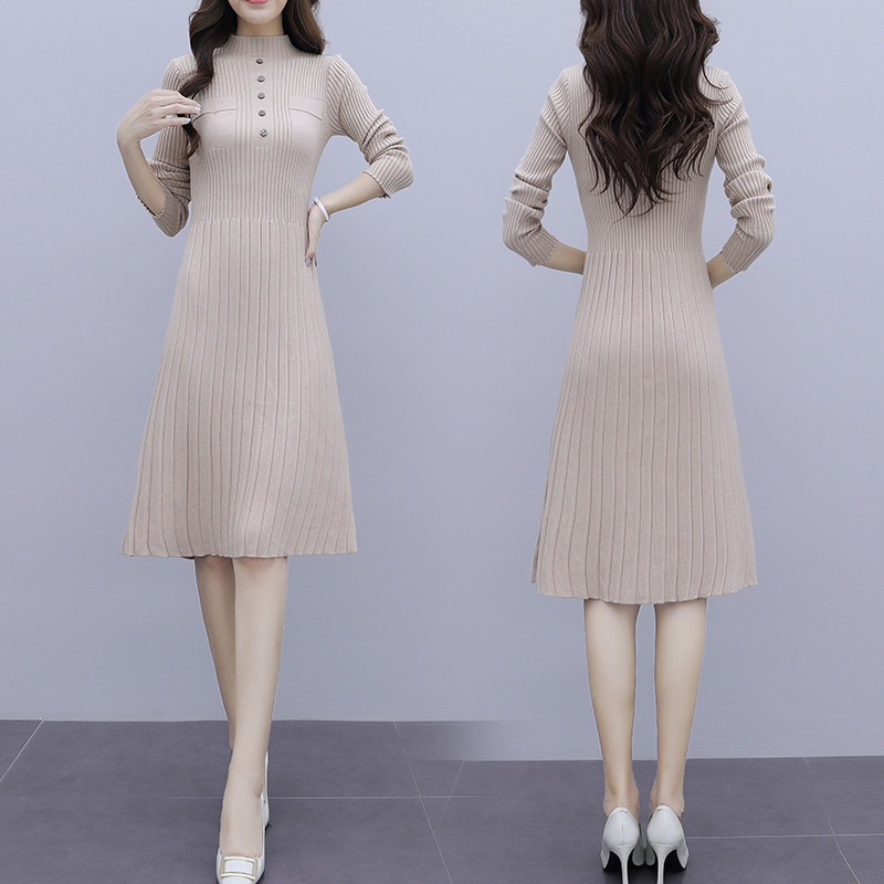 Зимна дамска рокля разкроен модел с дълъг ръкав в три цвята