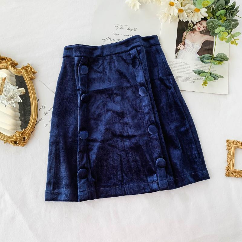 Fusta de dama moderna din catifea in negru si albastru