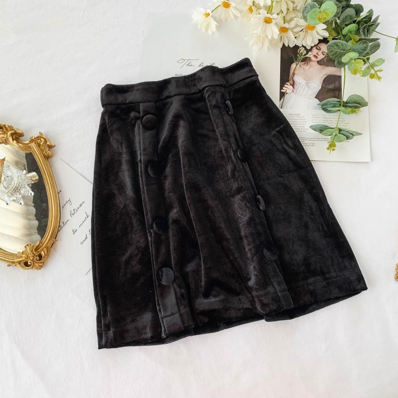 Fusta de dama moderna din catifea in negru si albastru